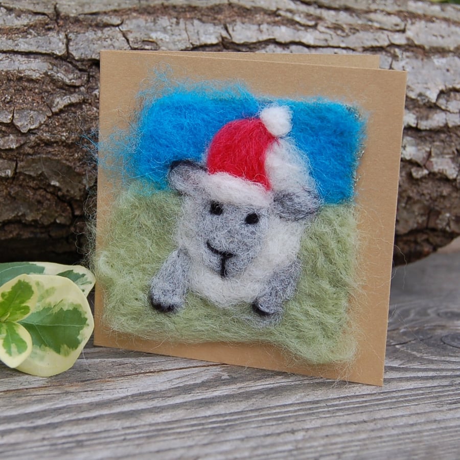 Christmas card, Happy Frolicking Lamb wearing a Santa Hat