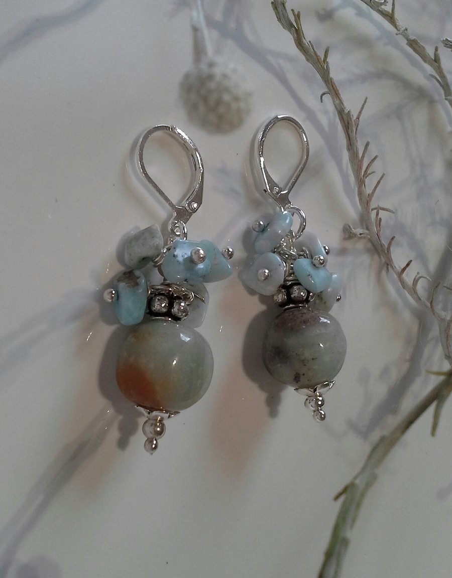 Larimar & Amazonite, Tibetan Silver & Silver Plate lever back earrings 