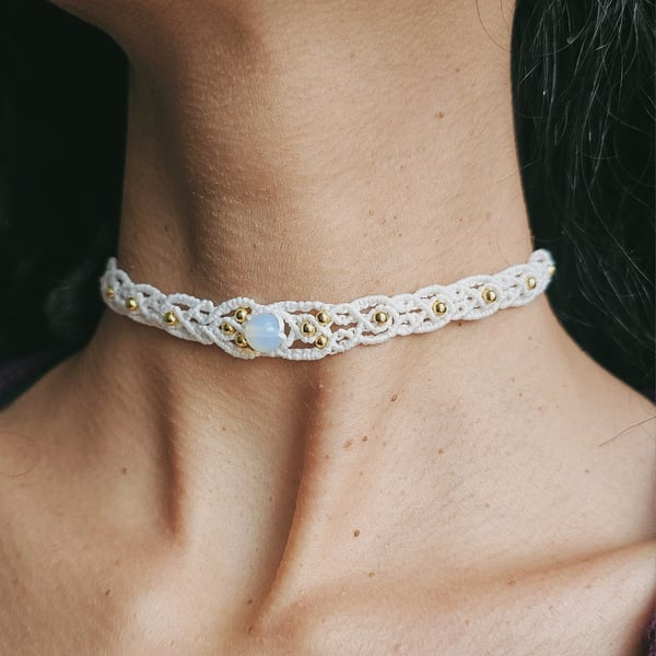 Boho Moonstone Choker with Gold Seed Beads