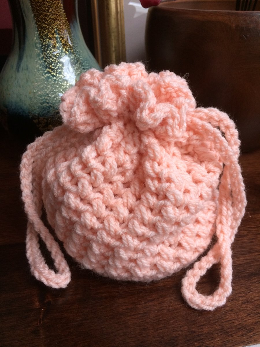 Hand Crocheted Dusky Pink Drawstring Bag Handbag by Poppy Kay