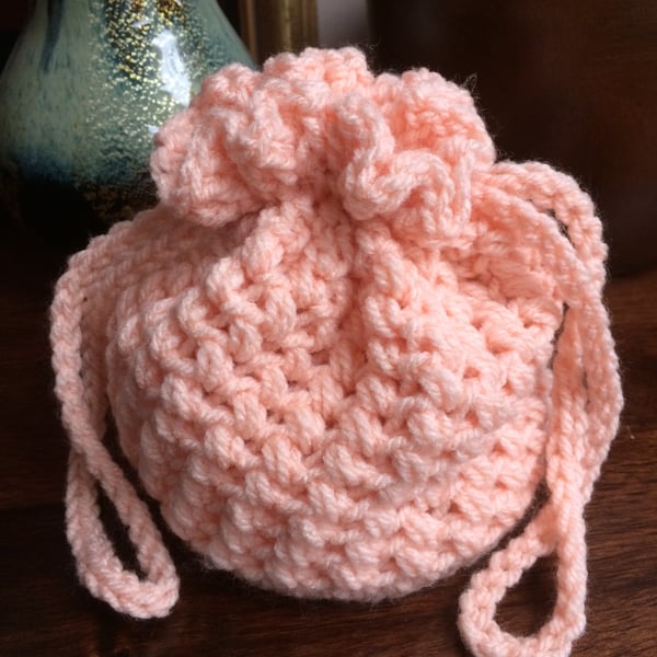 Hand Crocheted Dusky Pink Drawstring Bag Handbag by Poppy Kay
