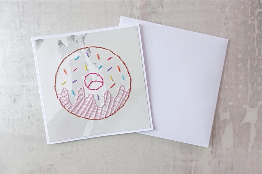 SALE Doughnut Hand Stitched Card, Cute Doughnut Birthday Card
