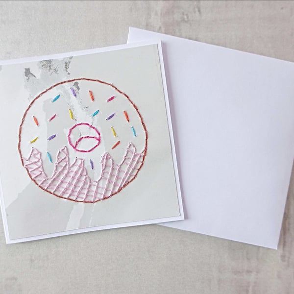 SALE Doughnut Hand Stitched Card, Cute Doughnut Birthday Card