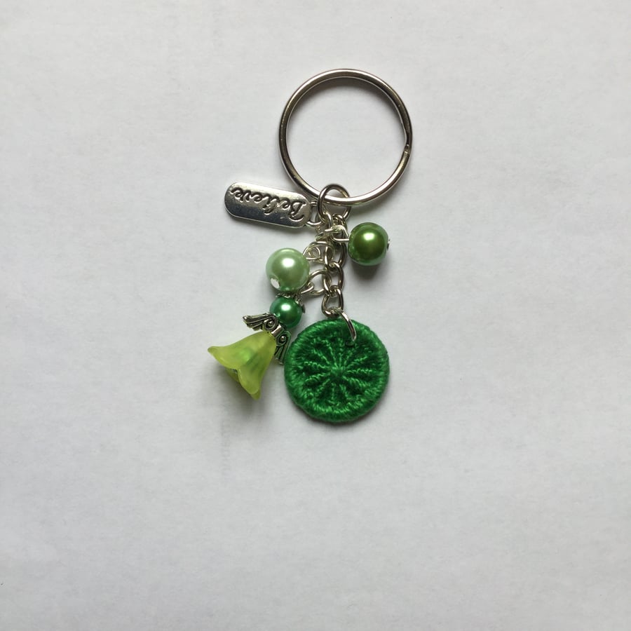 Beaded Angel and Dorset Button Keyring Bag Charm in Green