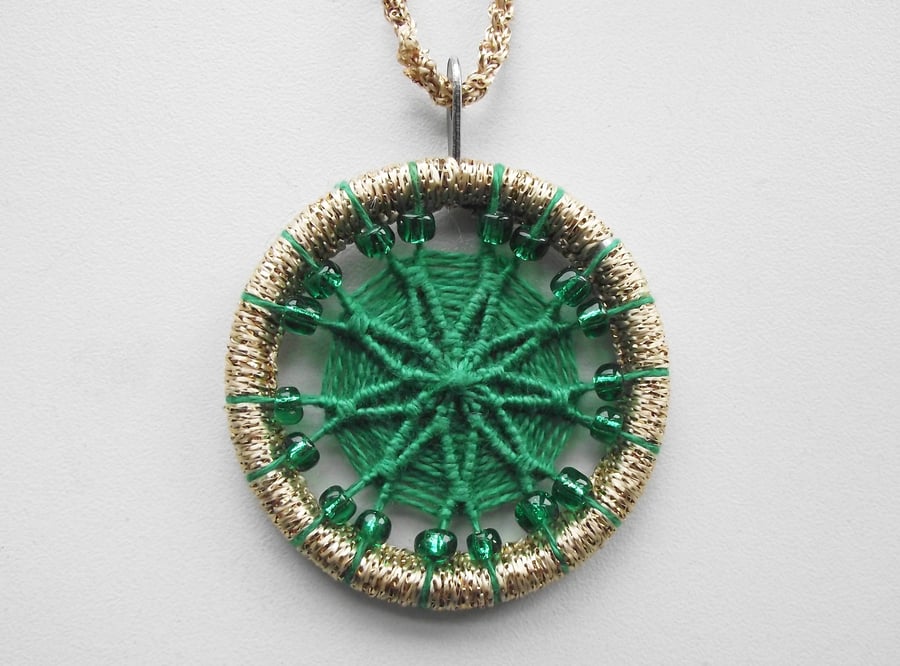 Christmas Decoration, Dorset Button, Green, Gold, Beads, Handmade