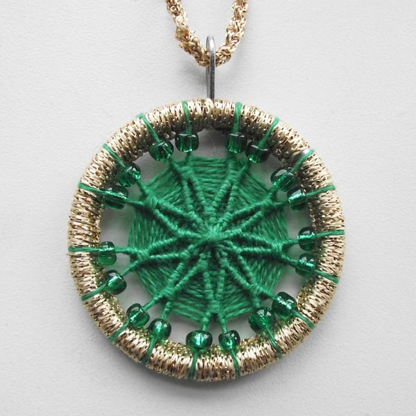 Christmas Decoration, Dorset Button, Green, Gold, Beads, Handmade