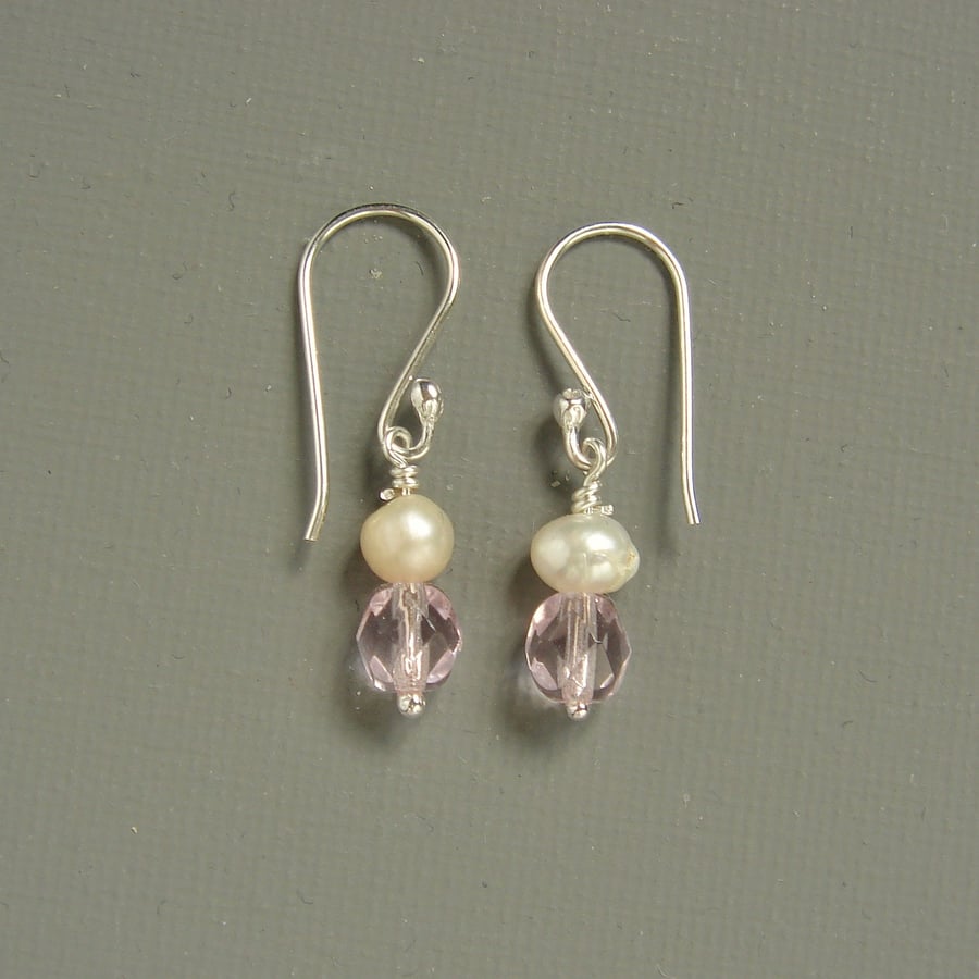 Pale Pink Czech Crystal and Cream Freshwater Pearl Sterling Silver Drop Earrings