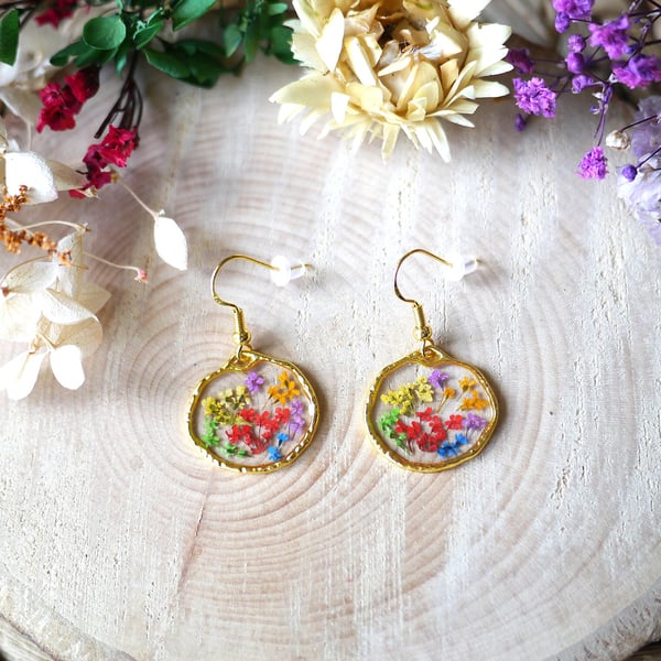 Real Flower Dangle Earrings - Multicoloured Pressed Flowers