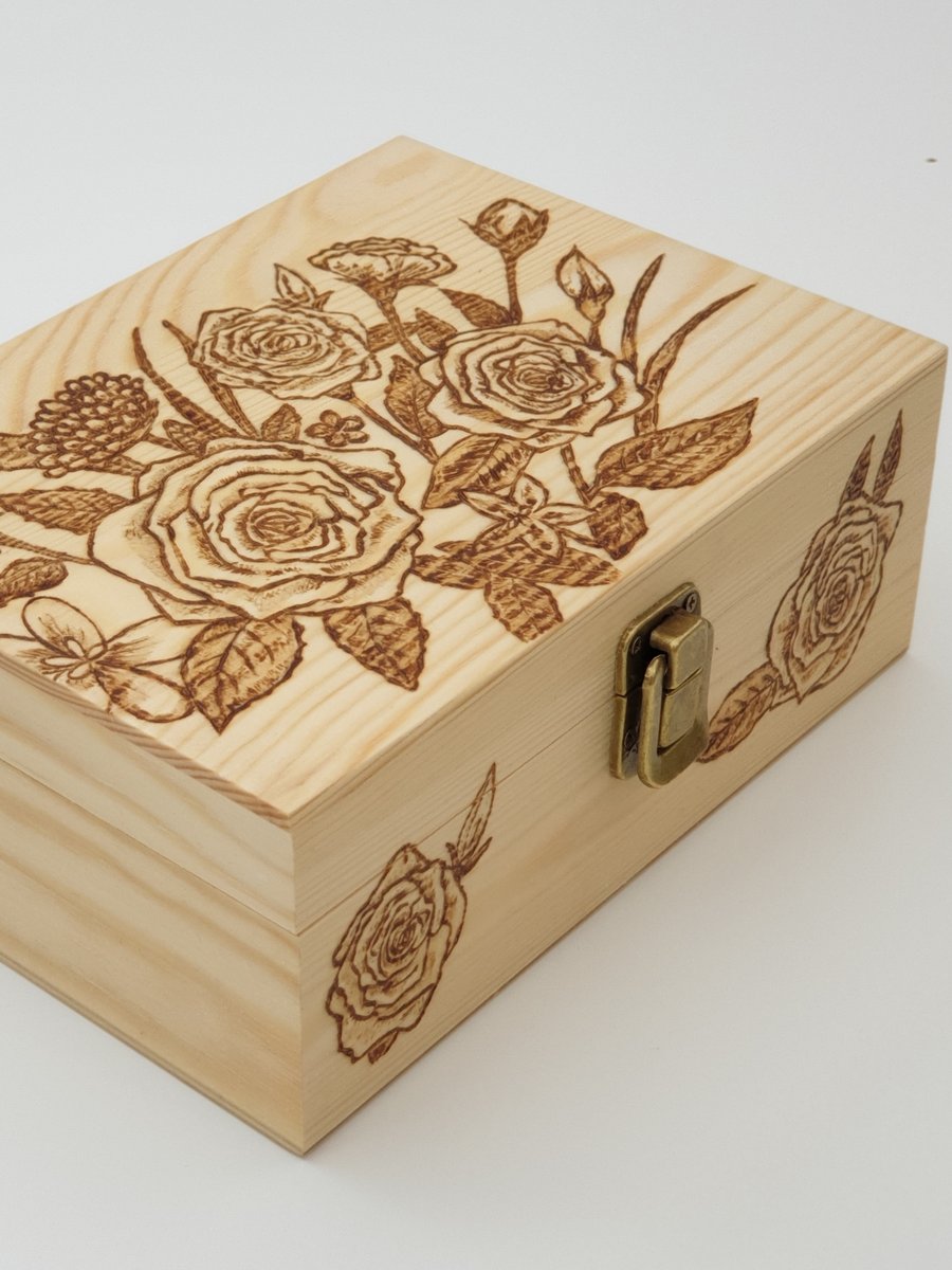  Pyrography roses design wooden jewellery box, trinket box  