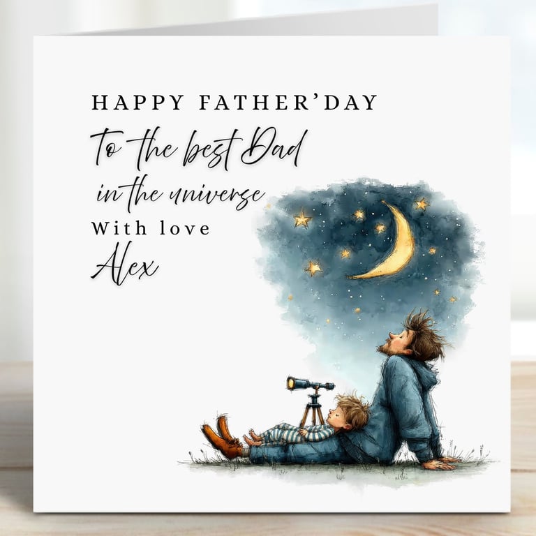 Father's Day Card, whimsical star gazing personalised card Father and Son 