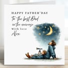 Father's Day Card, whimsical star gazing personalised card Father and Son 