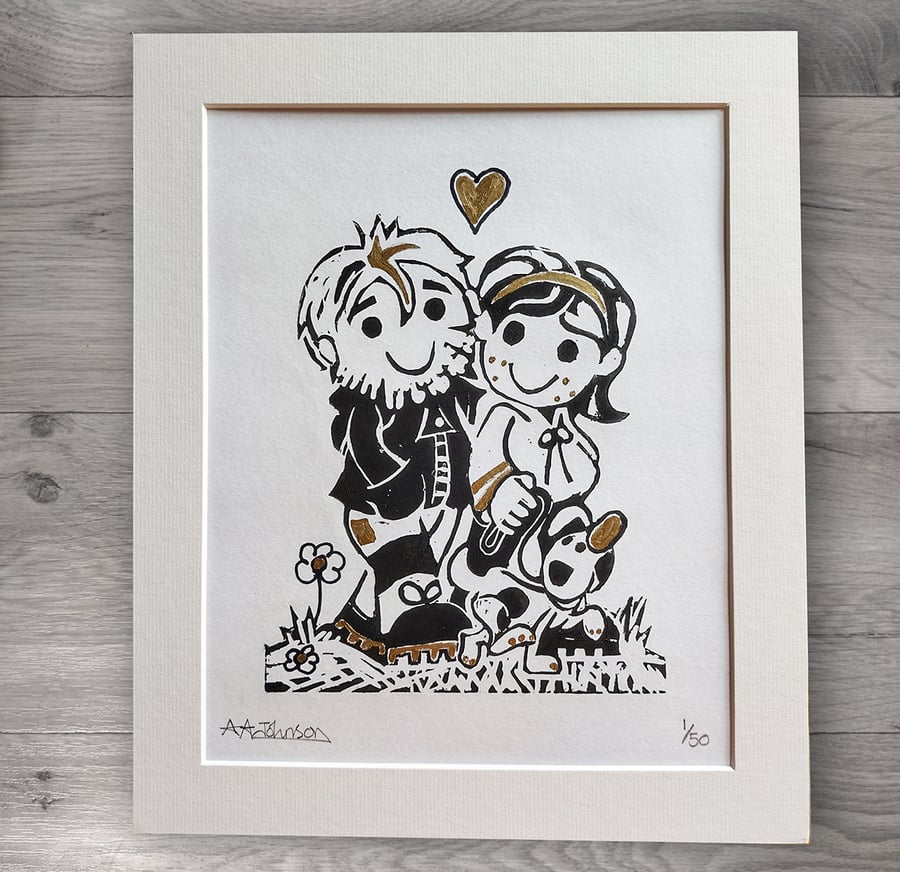 Lino Cut limited Edition - Sweethearts with dog