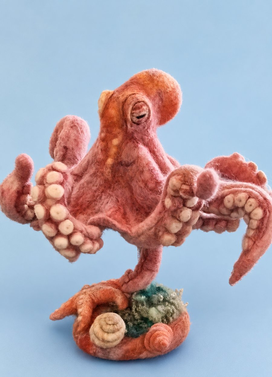 Needle felted Octopus in natural background of starfish and shells