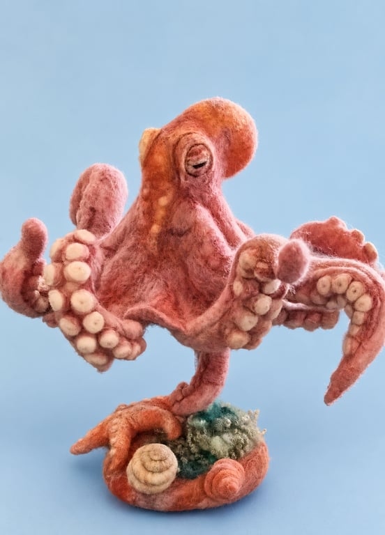 Needle felted Octopus in natural background of starfish and shells
