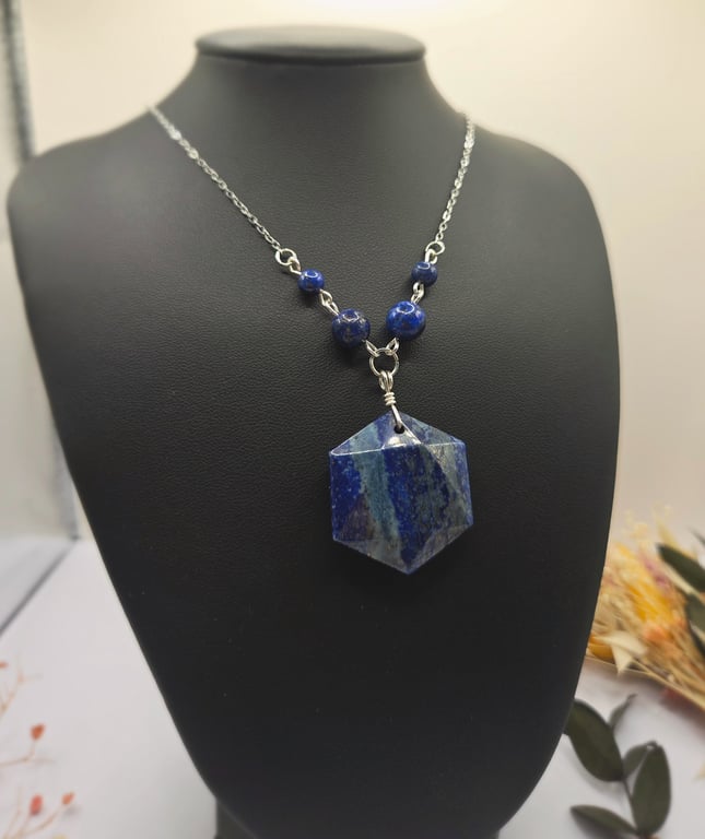 Lapis Lazuli Large Pendant Gemstone Necklace, Unique Hexagonal Stone