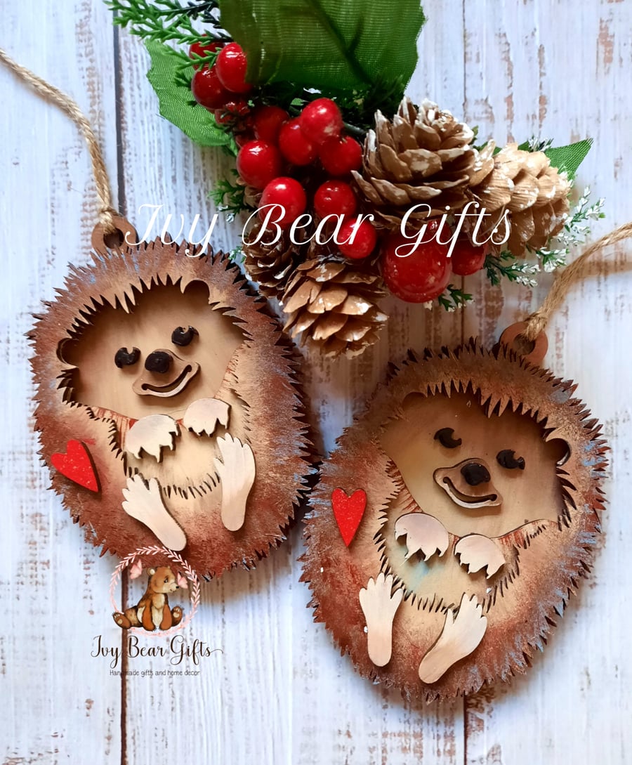 Cute woodland wooden hedgehog hanging decoration