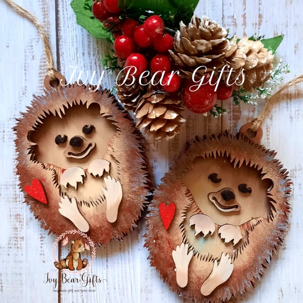 Cute woodland wooden hedgehog hanging decoration