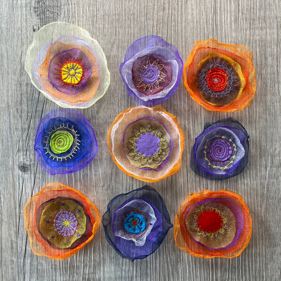 Nine Organza Embroidered Flower Embellishments 