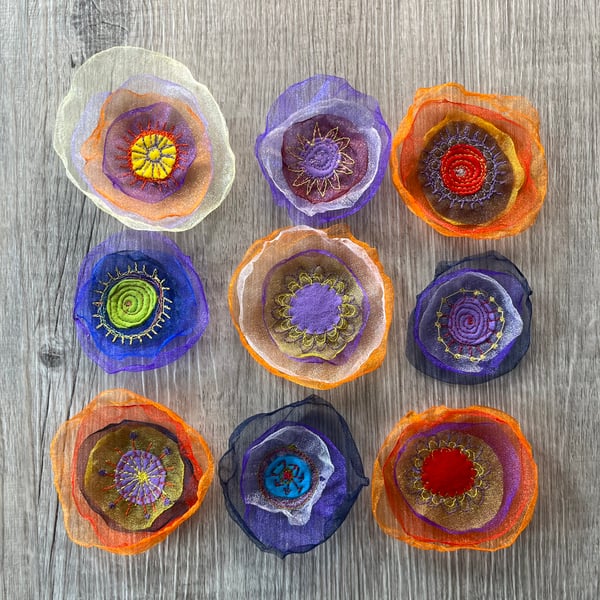 Nine Organza Embroidered Flower Embellishments 