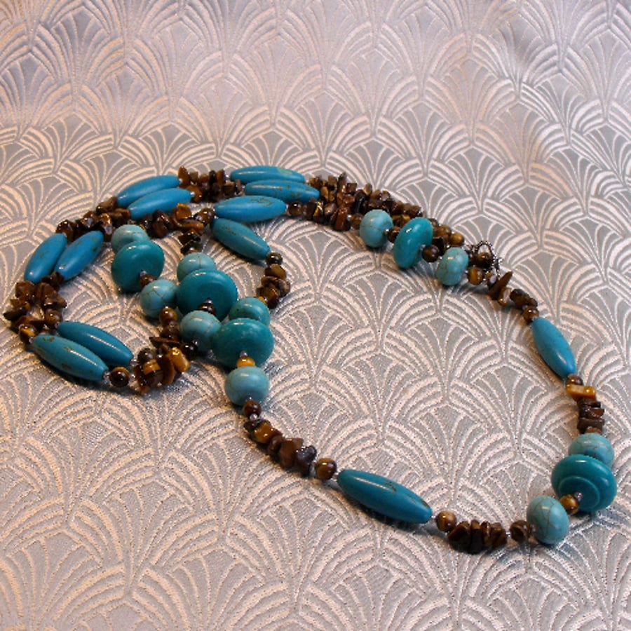Long Turquoise Necklace, Handmade Semi-precious Stone Necklace CC51