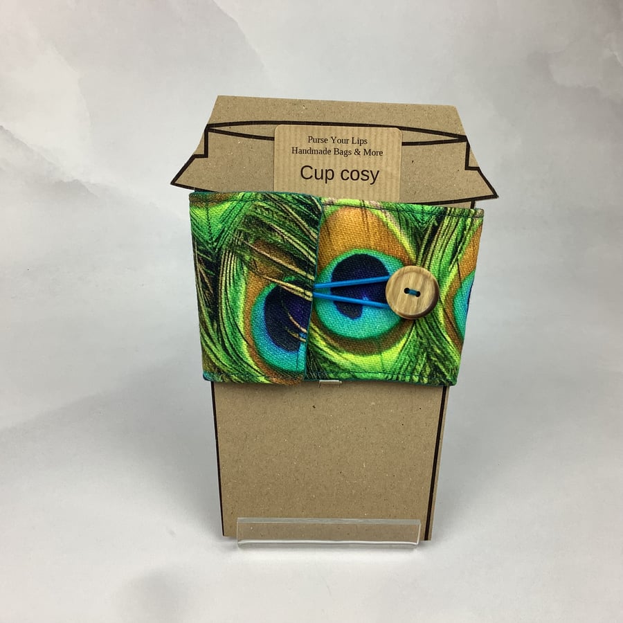 Peacock feathers cup cosy, Peacocks cup cozy, Mug sleeve, Handmade