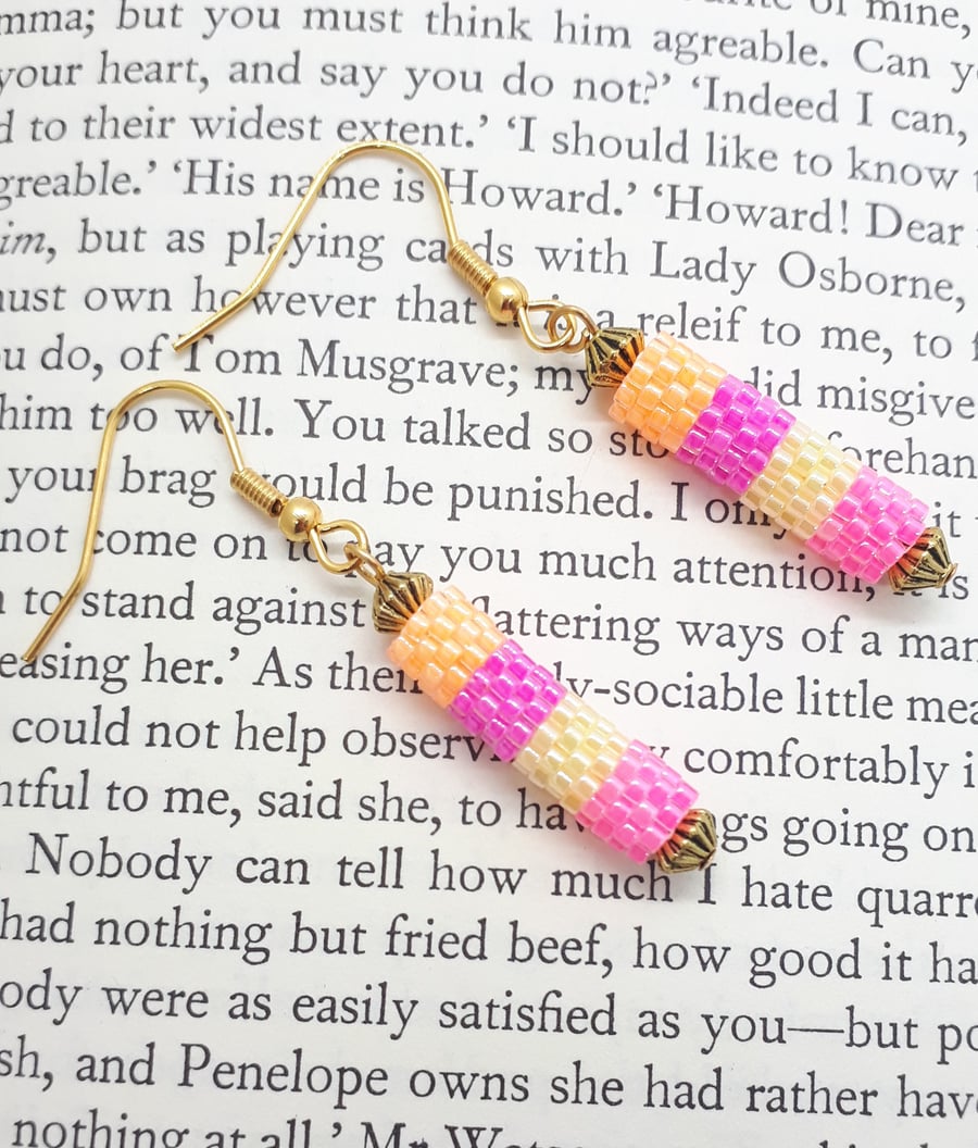 Peyote Striped Beadwoven Dangly Tube Earrings, Surgical Steel Earwires