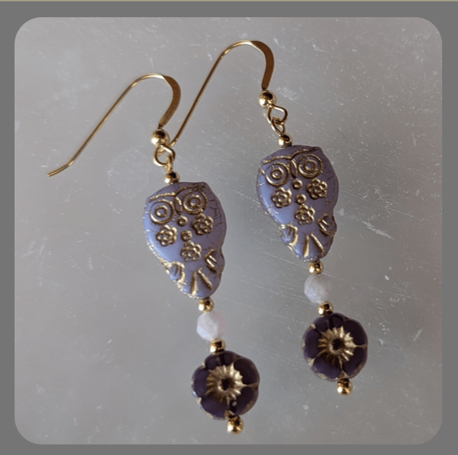 Czech Glass Owl Flower, Kunzite and Vermeil Earrings