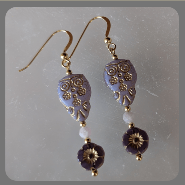 Czech Glass Owl Flower, Kunzite and Vermeil Earrings