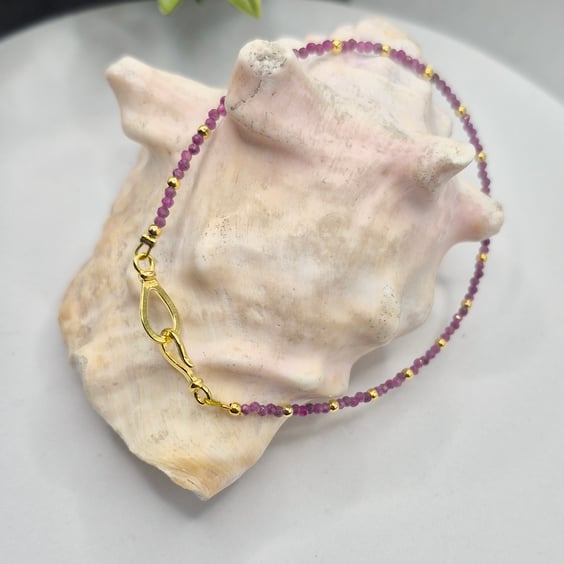 Natural Ruby Bracelet – 2mm Faceted Ruby with Gold Plated Sterling Silver 