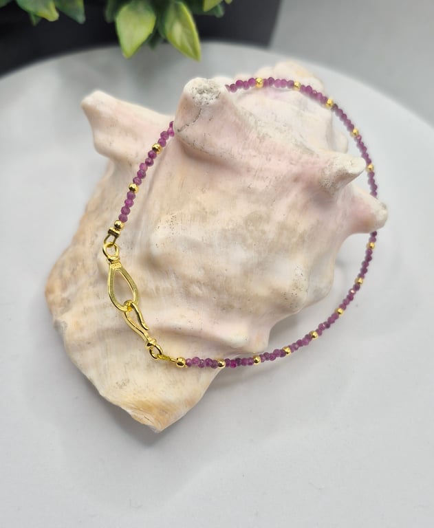 Natural Ruby Bracelet – 2mm Faceted Ruby with Gold Plated Sterling Silver 