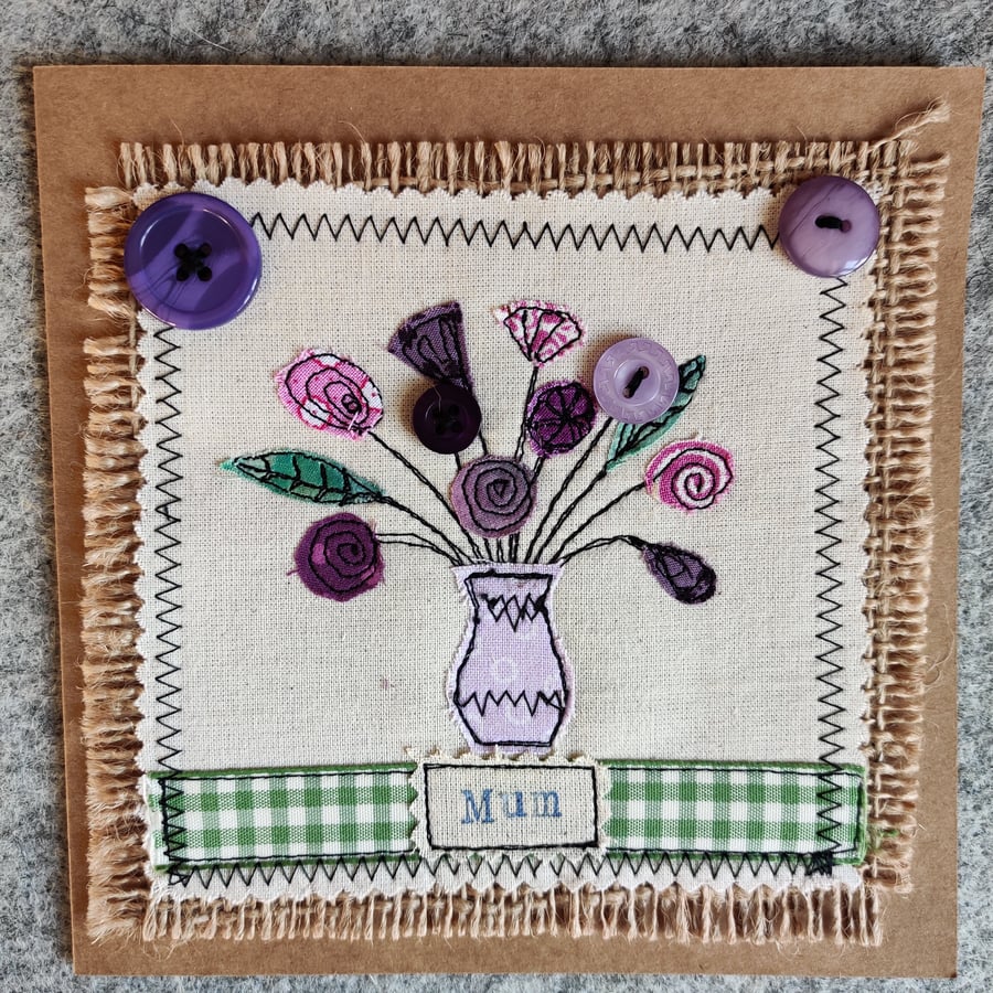 Handmade, fabric, free motion machine embroidery Mother's Day cards  
