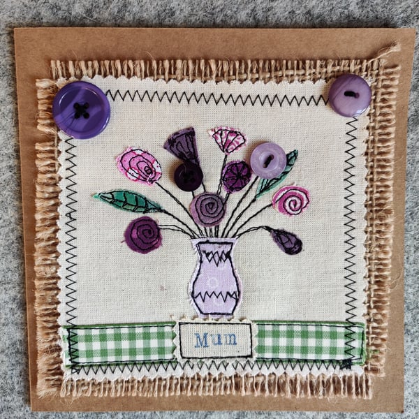 Handmade, fabric, free motion machine embroidery Mother's Day cards  