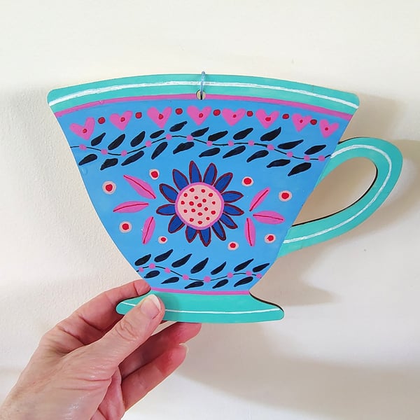 Hand painted wooden hanging cup decoration  hearts flower boho wall art