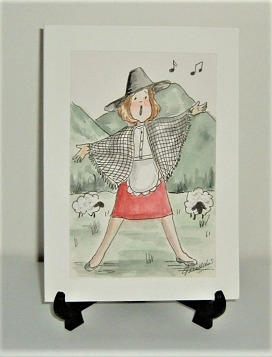 hand Painted Welsh Lady all occasions cartoon  greetings card 