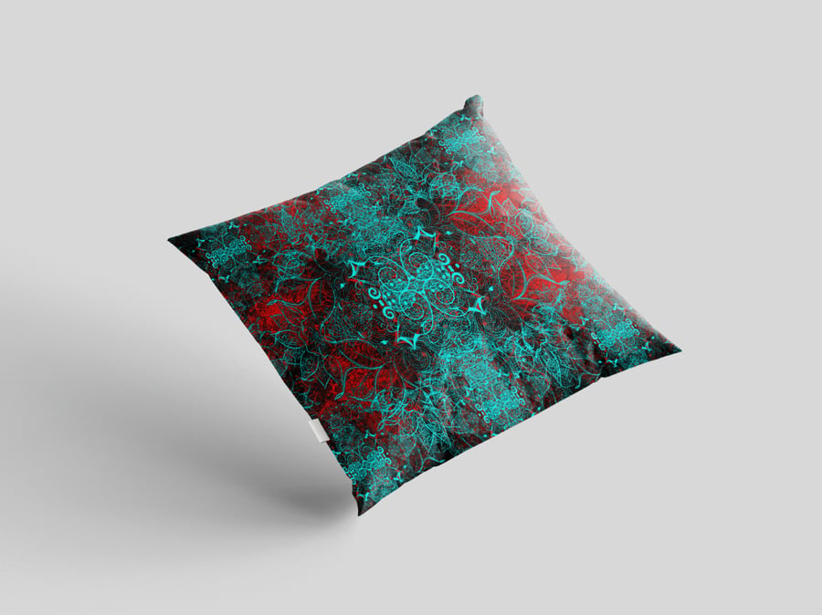 1 LEAF BLOOM CUSHION - BLACK and RED with LIGHT BLUE FAUX SUEDE or POLY LINEN.