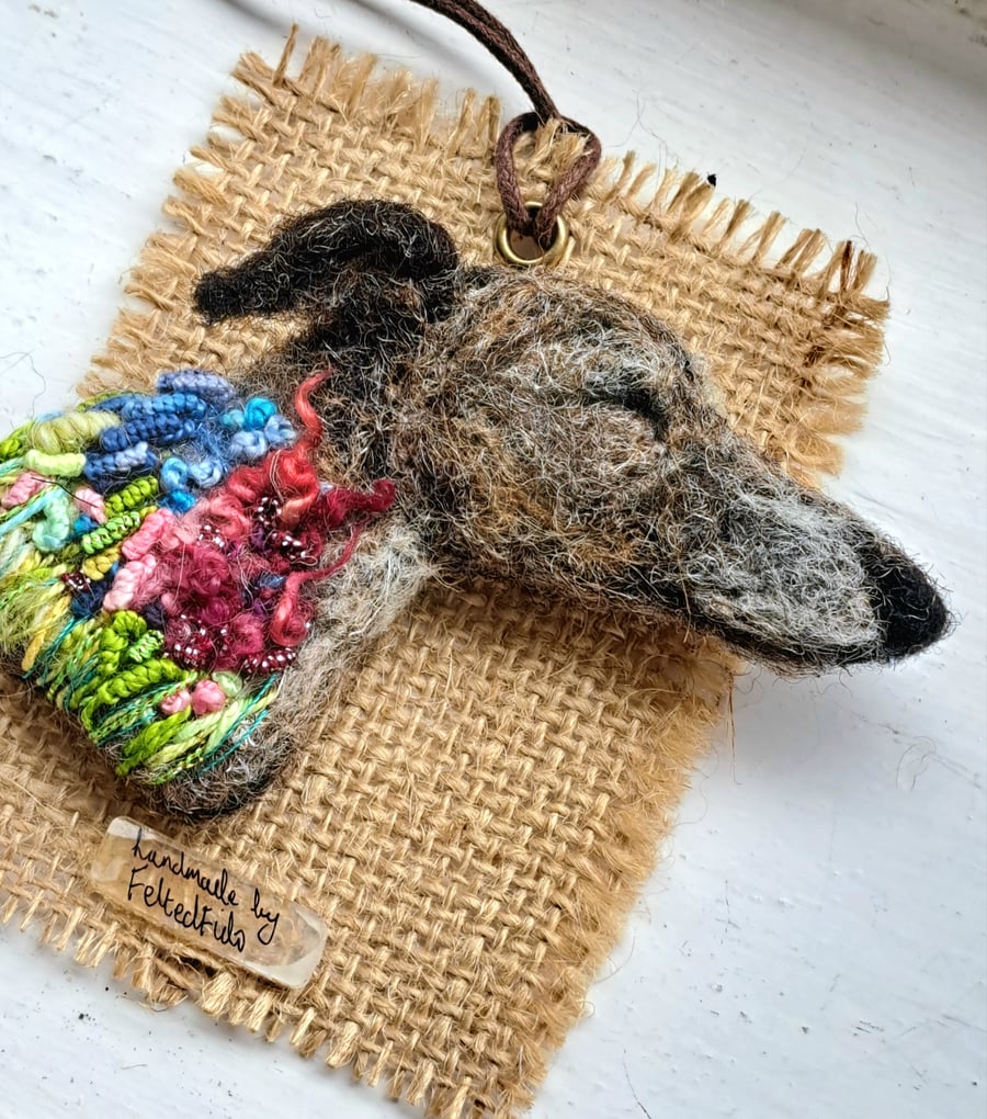 Needle Felted Sleeping Greyhound Brooch