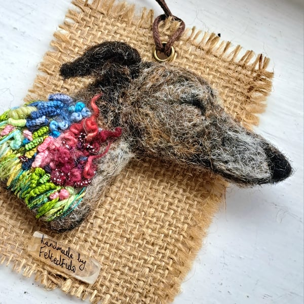Needle Felted Sleeping Greyhound Brooch