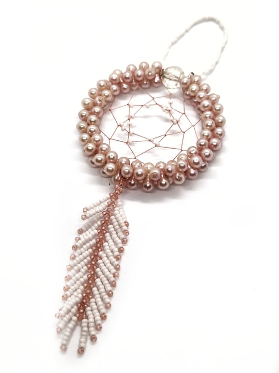 Small pink and white beaded feather dreamcatcher