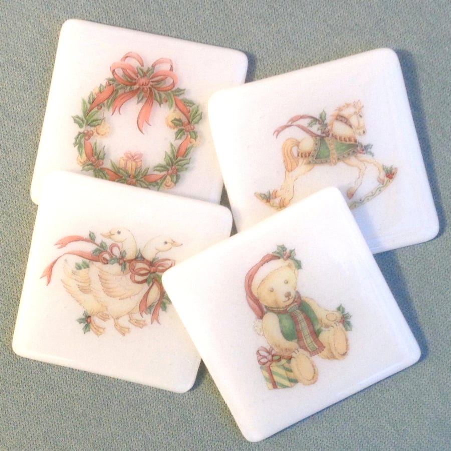 Christmas fused glass coasters, set of four, white, four traditional designs