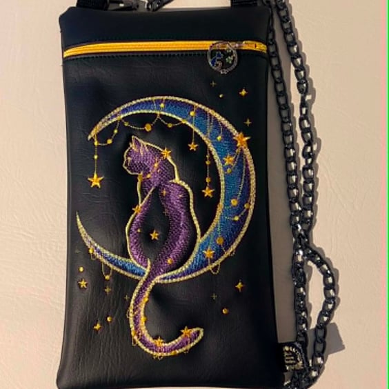Cat & Moon Embroidered Crossbody Bag