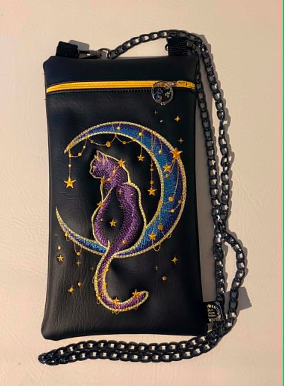 Cat & Moon Embroidered Crossbody Bag