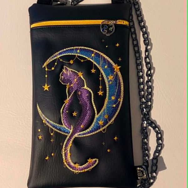Cat & Moon Embroidered Crossbody Bag