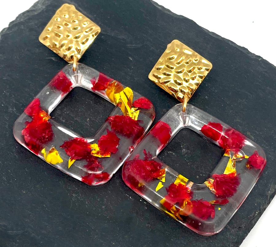 Red Flower Resin Earrings Gold Detail 