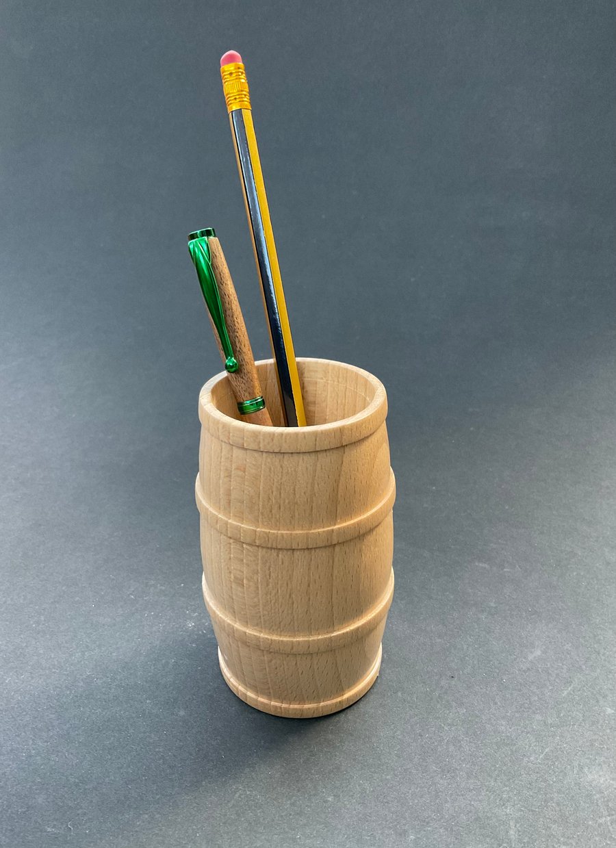 Barrel shaped pen or pencil pot made with beech hardwood