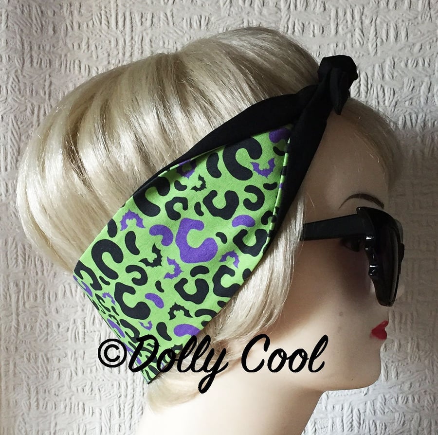 Green Leopard Print with Bats Hair Tie - Head Scarf - Hair Wrap - Bandana - by D