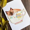 Siamese cat, handmade cat card, card for cat lover, cat in a cup