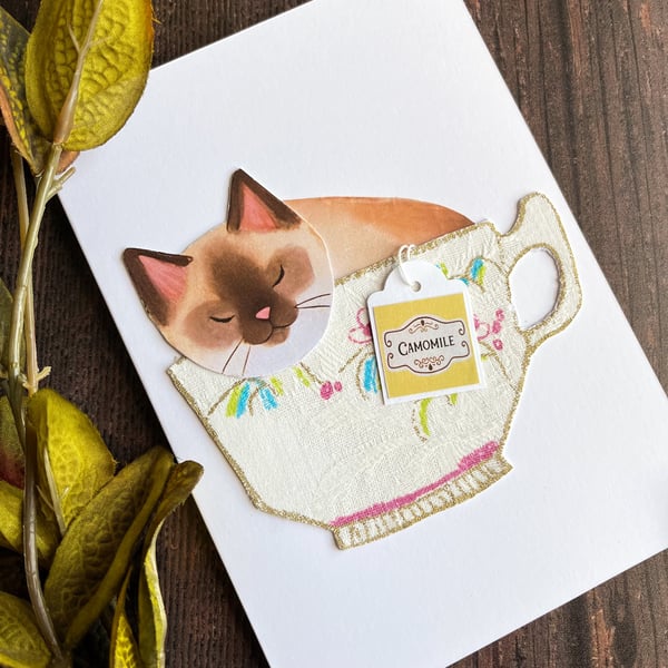 Siamese cat, handmade cat card, card for cat lover, cat in a cup