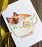 Siamese cat, handmade cat card, card for cat lover, cat in a cup