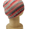 Hand Knitted beanie hat in peach, teal, beige, cream and red stripes