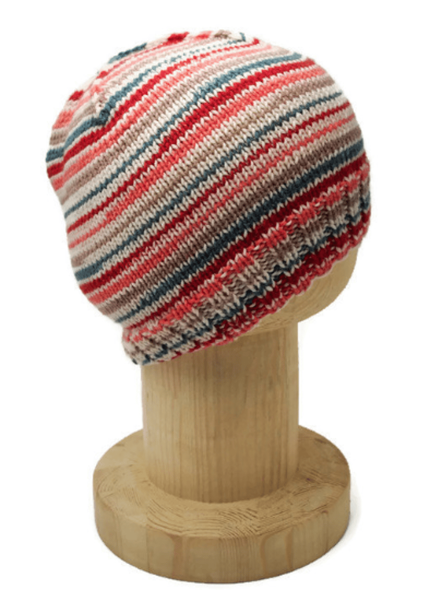 SOLD - Hand Knitted beanie hat in peach, teal, beige, cream and red stripes